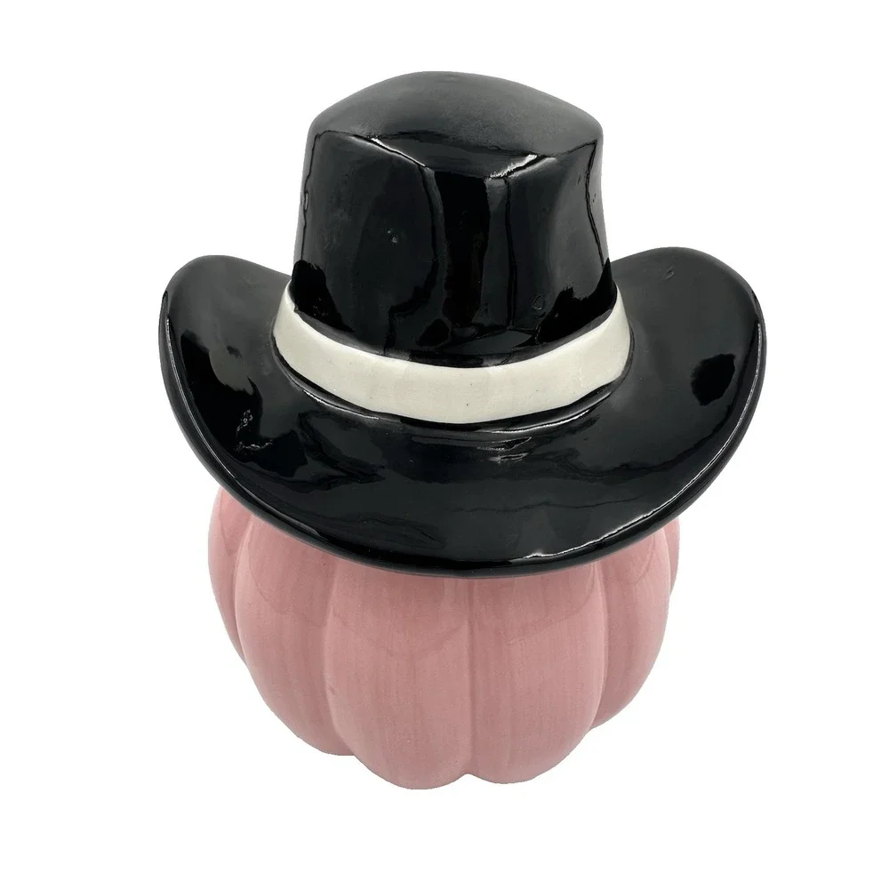 Pink Pumpkin Cowboy Hat Cookie Jar Ceramic Halloween Decor Pinkoween